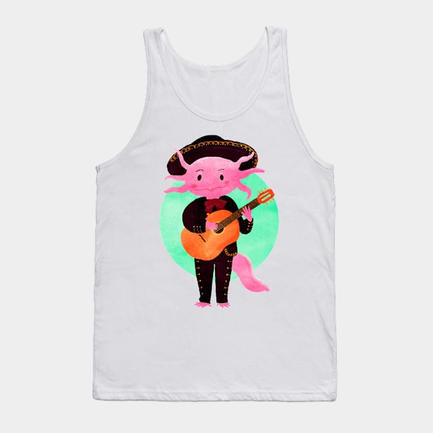 Axolotl with mariachi costume playing the guitar, Digital Art illustration Tank Top by KookyAngie